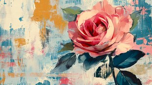 复古风单枝粉色玫瑰绘画