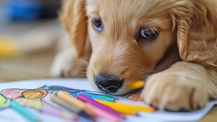 萌趣小狗专注彩色画纸