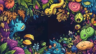 奇幻卡通动植物环绕边框