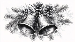 黑白圣诞铃铛松枝装饰图