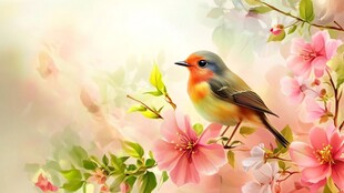 花鸟相依的唯美春日图景
