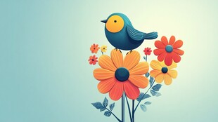 小鸟栖于多彩花朵之上