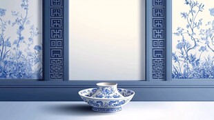 青花瓷茶具置于中式背景前