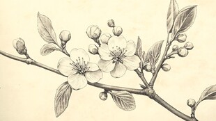 手绘绽放花朵的植物枝条