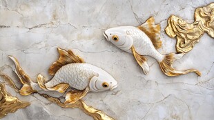 玉石上的金白锦鲤浮雕