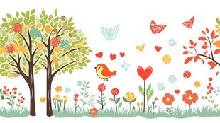 春日花草树木小鸟插画