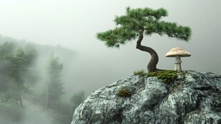 雾中岩顶的奇松与蘑菇