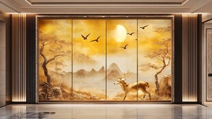 中式客厅的山水鹿鸟壁画