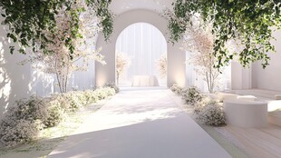 梦幻白色拱形绿植婚礼通道