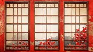 中式红窗映繁花美景