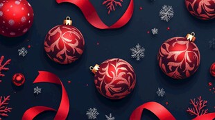 圣诞装饰球与飘带雪景图