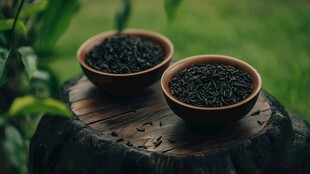 两碗黑茶叶置于树桩之上