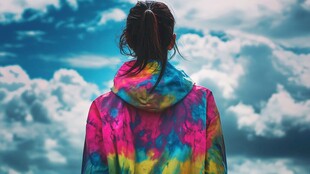 女孩身着彩衣眺望云海