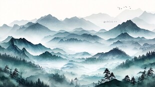 水墨群山间 云雾绕青松