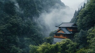 山间云雾中的古朴中式建筑