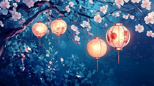 夜下花树悬灯笼美景