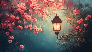 梦幻樱花下的复古路灯