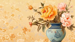 青花瓷瓶中的艳丽花卉