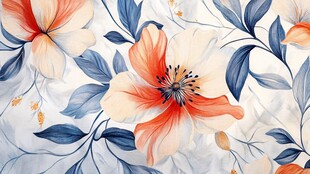 花卉图案 柔美花朵与蓝叶交织