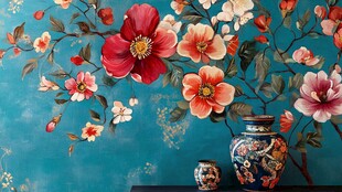 中式花卉墙绘与古典花瓶