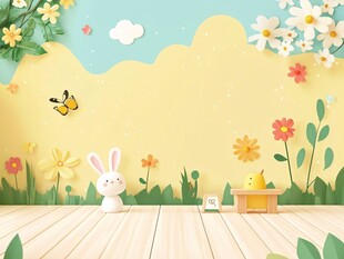 梦幻童趣室内花卉小兔场景