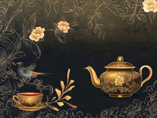 中式黑金风茶具花鸟图