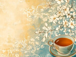 复古风花卉与茶杯插画