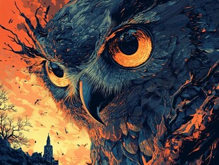 魔幻巨眼猫头鹰黄昏图景
