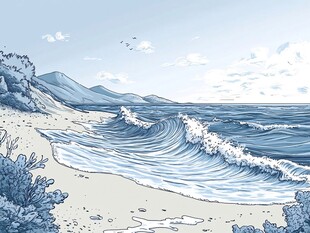 蓝色海岸风景手绘插画