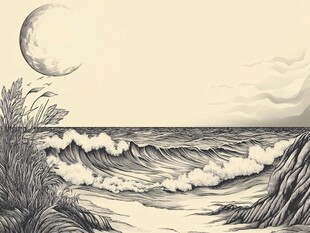 月夜海浪边的静谧景致