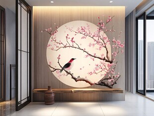 中式客厅花鸟壁画装饰