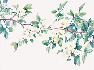 水彩绘白色花朵绿叶枝蔓
