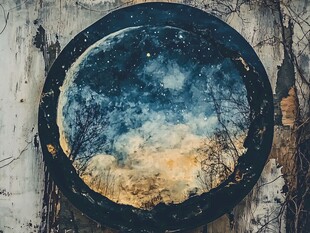 圆形窗中梦幻星空景象