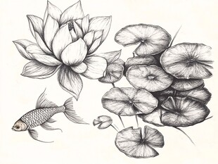 水墨风莲花金鱼素描图