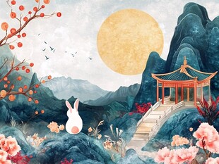 玉兔望月赏山水亭台景