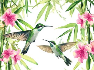 蜂鸟于花卉竹林间飞舞