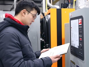 工人专注查看机器操作手册