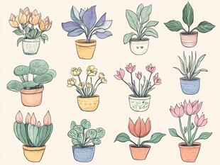 手绘盆栽植物插画集合