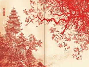 中式古风山水楼阁红叶图
