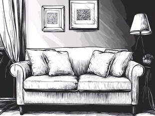 简约沙发客厅黑白插画