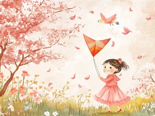 女孩春日放风筝美好图景