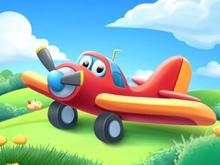 可爱卡通飞机翱翔绿色草地