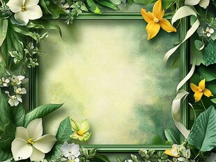 绿叶繁花装饰的绿色画框