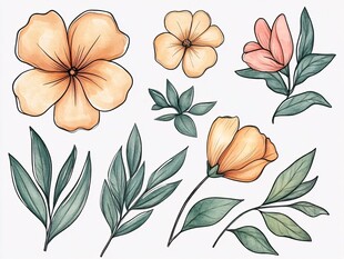 手绘花卉与绿叶素材集