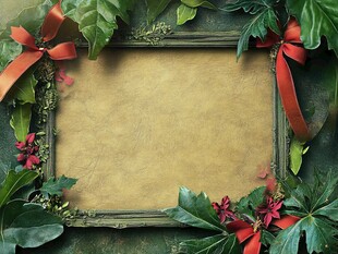 复古绿植红绸装饰画框