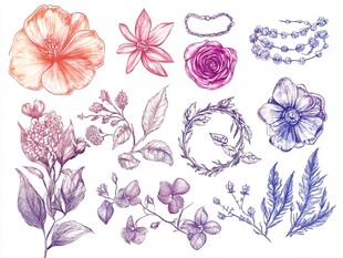 手绘花卉与饰品图案集合