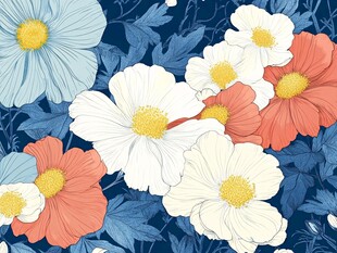 蓝底花卉图案的美丽绽放