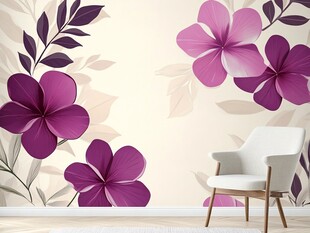 紫色花卉墙纸配简约座椅