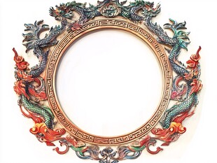 中式双龙环绕雕花圆镜框