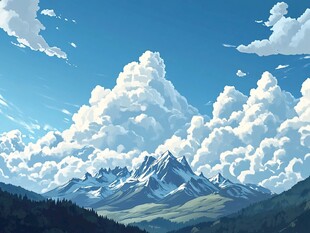 蓝天白云下的壮丽雪山